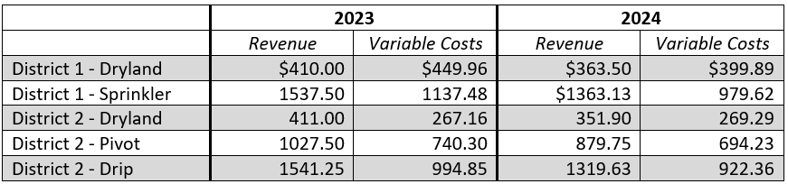 Comparison of 2023 and 2024 revenues and costs.