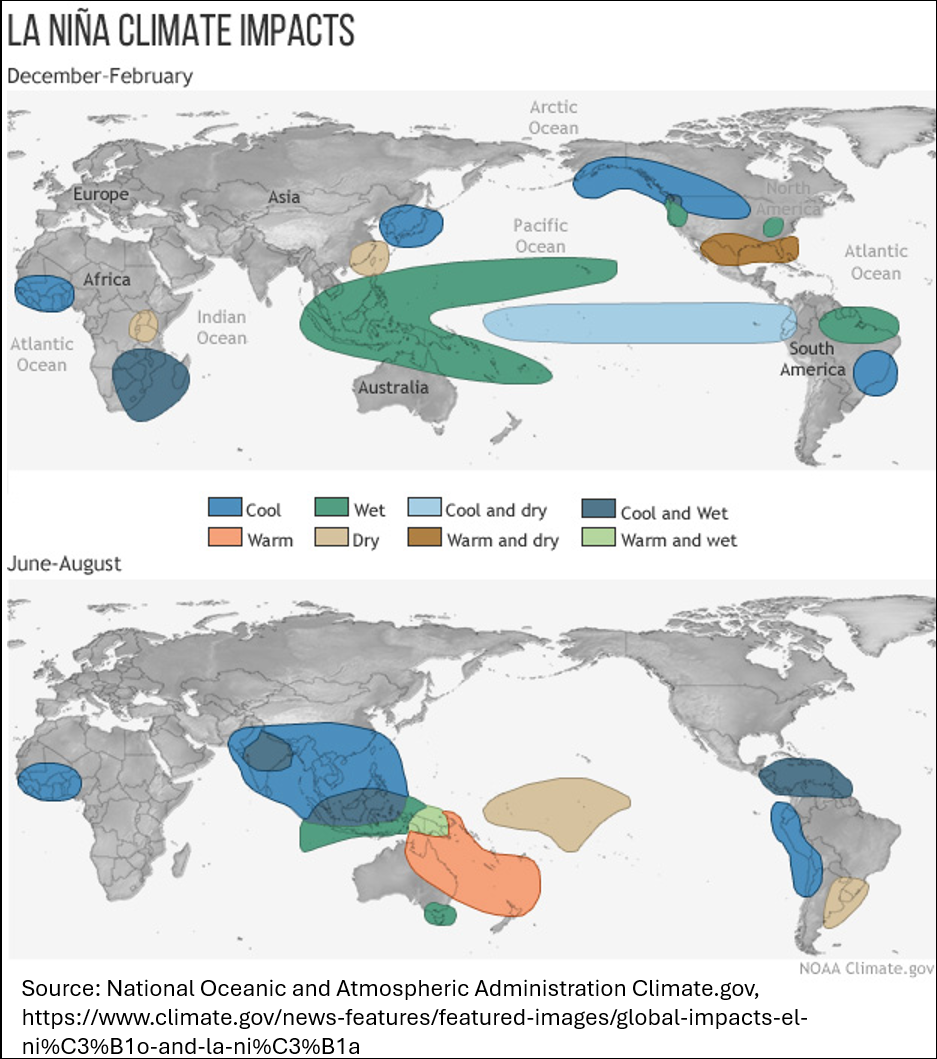 Maps showing La Nina impacts across the globe during the winter and summer months