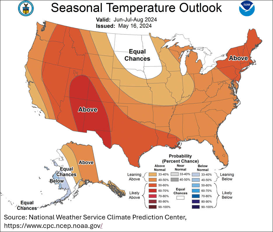 Map showing NOAA temperature predictions for the June-July-August period