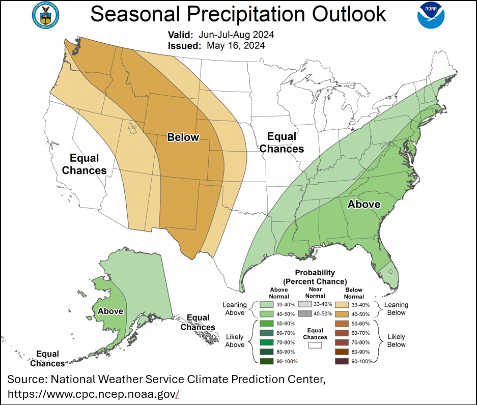 Map showing NOAA precipitation predictions for the June-July-August period