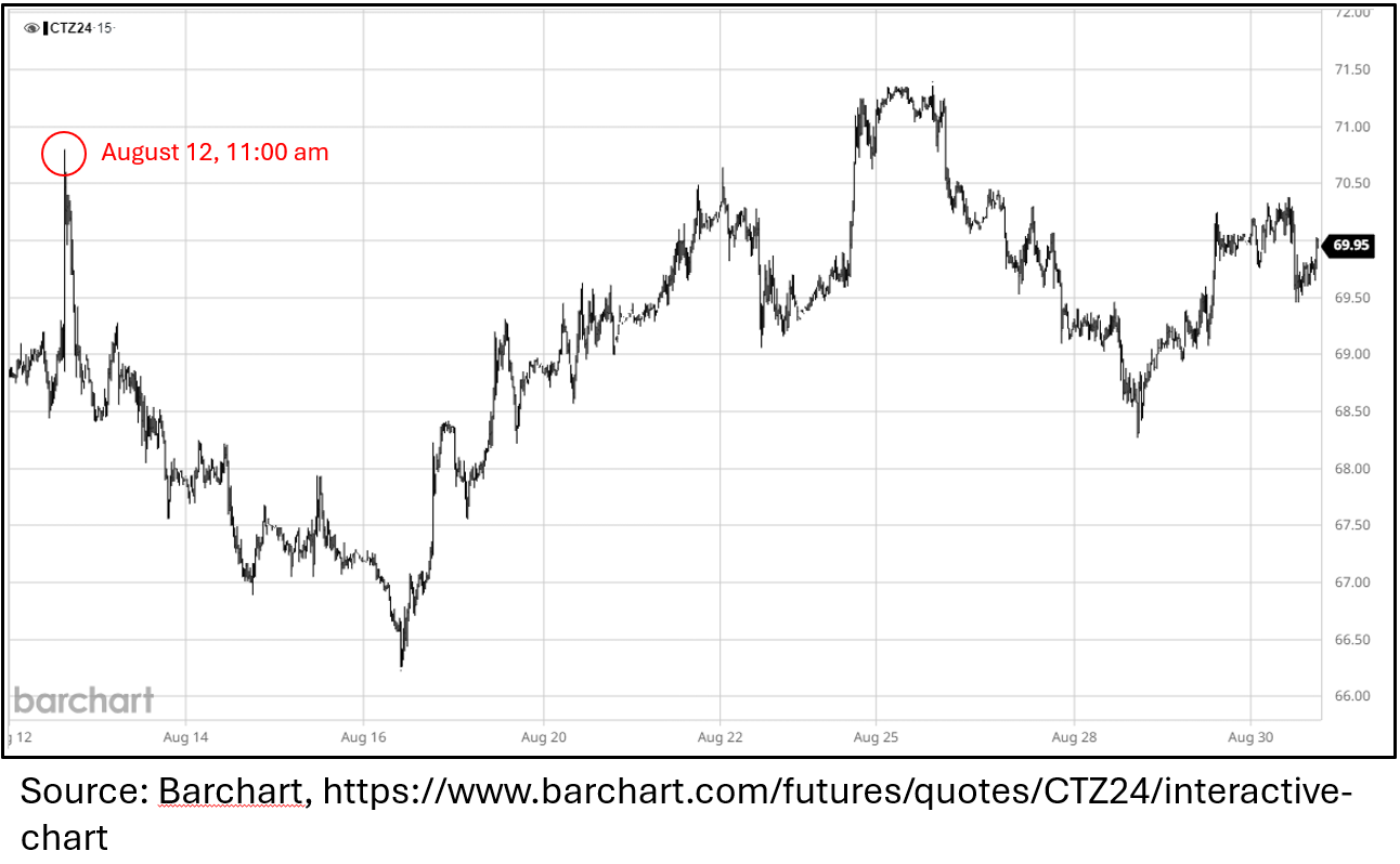 Figure illustrating the change in the ICE December 2024 cotton contract price