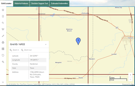 Picture of the PRF map tool. This example shows a locator map with a blue pin near Medicine Mound, Texas, with red grid boundaries and a panel listing grid ID and location details.