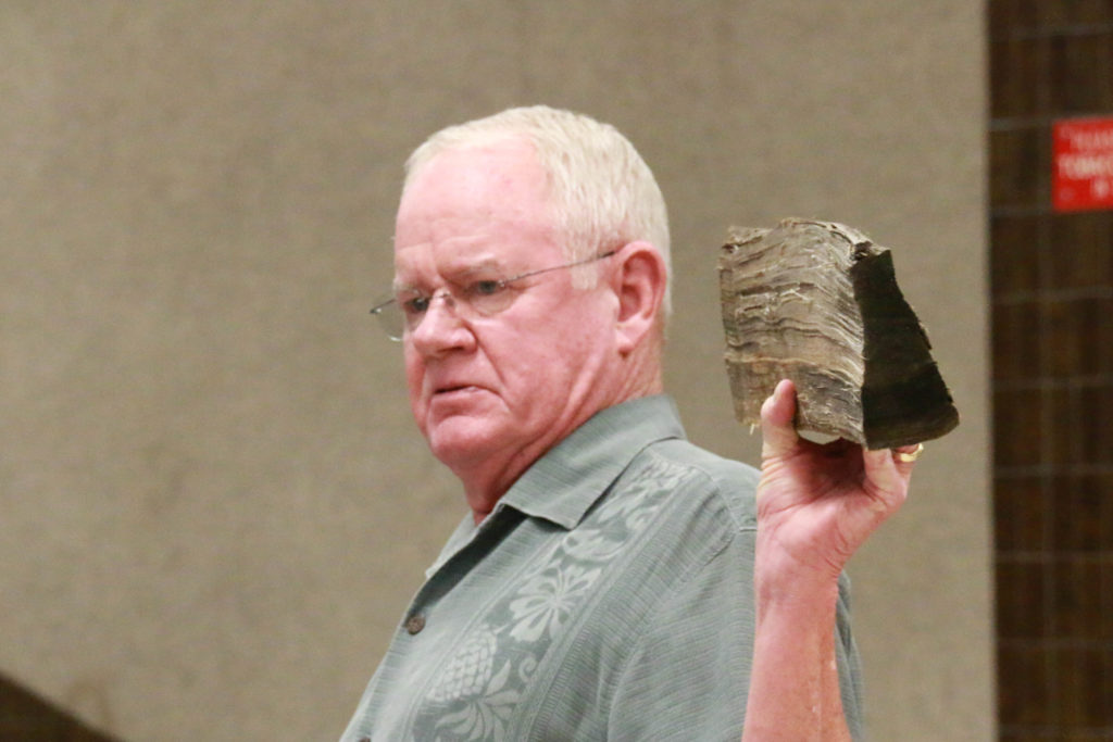 Dr. Nick Nickelson showing a split log that is properly seasoned