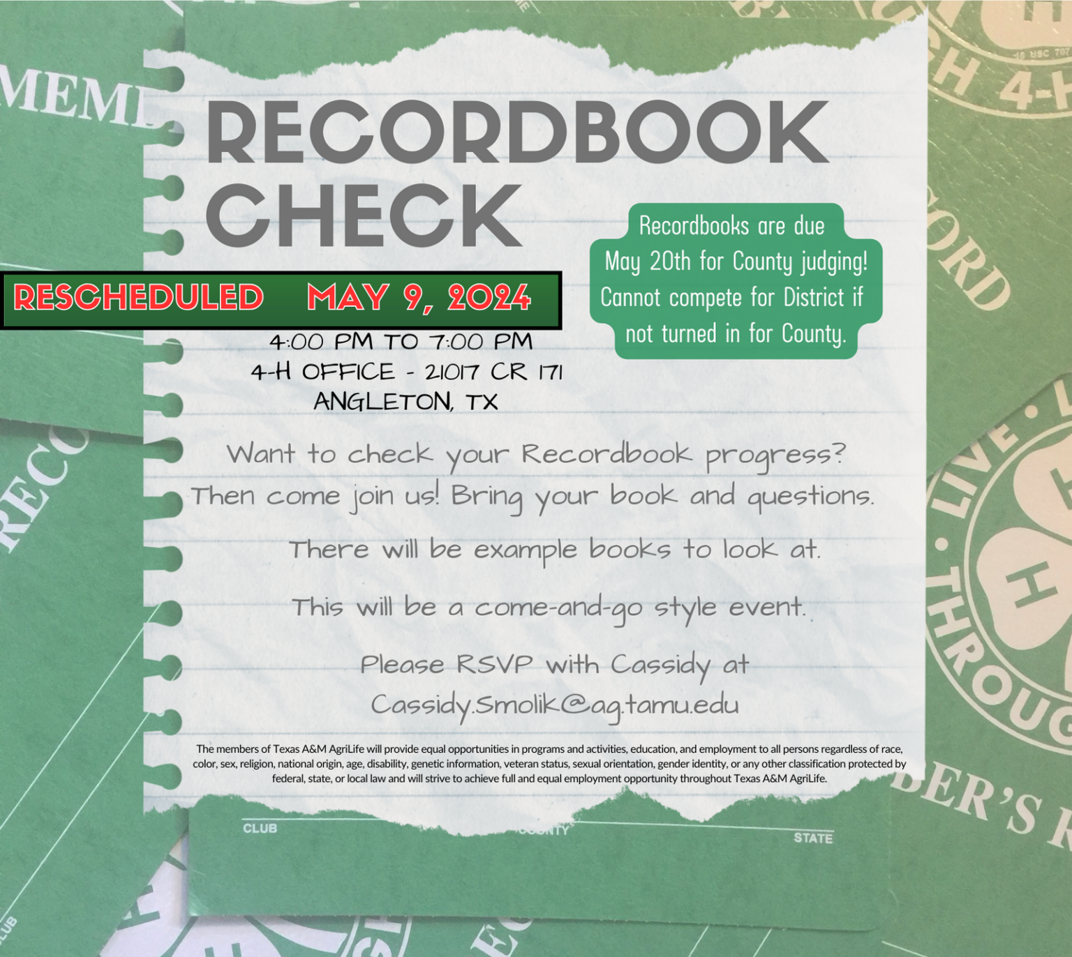 Want to check your Recordbook progress Then come join us! Bring your book and questions. There will be example books to look at. This will be a come-and-go style event. Please RSVP with Cassidy at (1)