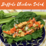 Our Buffalo Chicken Salad recipe on a bed of lettuce served on a blue platter