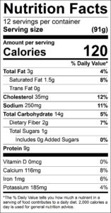 Quinoa Cakes Nutrition Facts Serving size (91g) servings per container 12 Amount per serving Calories 120 % Daily Value Total Fat 3 g 4 % Saturated Fat 1.5 g 8 % Trans Fat 0 g Cholesterol 35 mg 12 % Sodium 250 mg 11 % Total Carbohydrate 14 g 5 % Dietary Fiber 2 g 7 % Total Sugars 1 g Added Sugars 0 g 0 % Protein 9 g Vitamin D 0 mcg 0 % Calcium 116 mg 8 % Iron 1 mg 6 % Potassium 185 mg 4 % 
