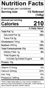 Easy Flatbread Pizza Nutrition Facts Serving size 1/2 flatbread (145g) servings per container 8 Amount per serving Calories 210 % Daily Value Total Fat 7 g 9 % Saturated Fat 3 g 15 % Trans Fat 0 g Cholesterol 10 mg 3 % Sodium 340 mg 15 % Total Carbohydrate 28 g 10 % Dietary Fiber 1 g 4 % Total Sugars 4 g Added Sugars 0 g 0 % Protein 10 g Vitamin D 0 mcg 0 % Calcium 244 mg 20 % Iron 1 mg 6 % Potassium 346 mg 8 % 