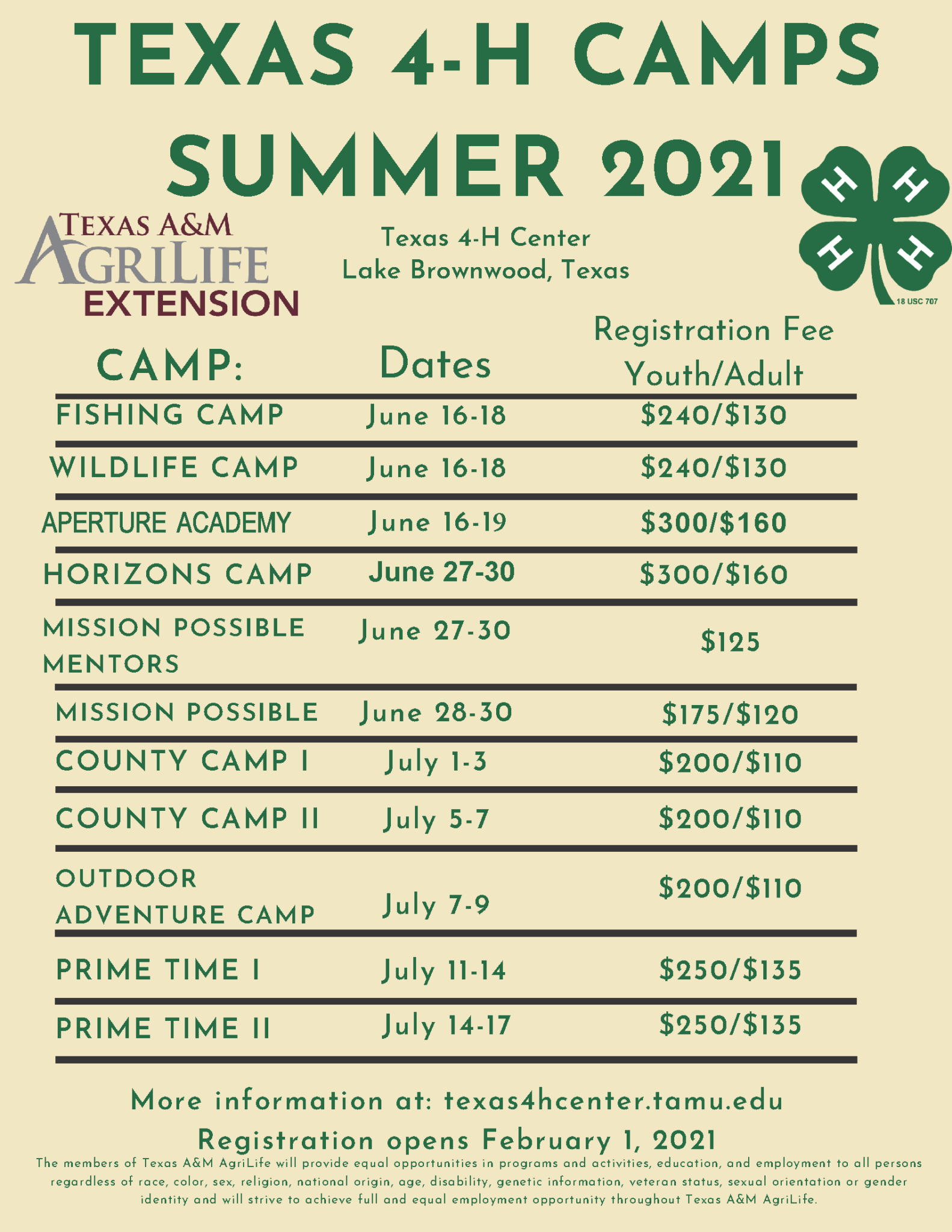 Texas 4H Summer Camps Prime Time I & II