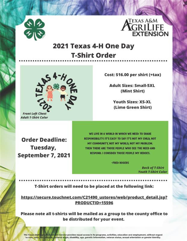One Day 4-H T-Shirt Order