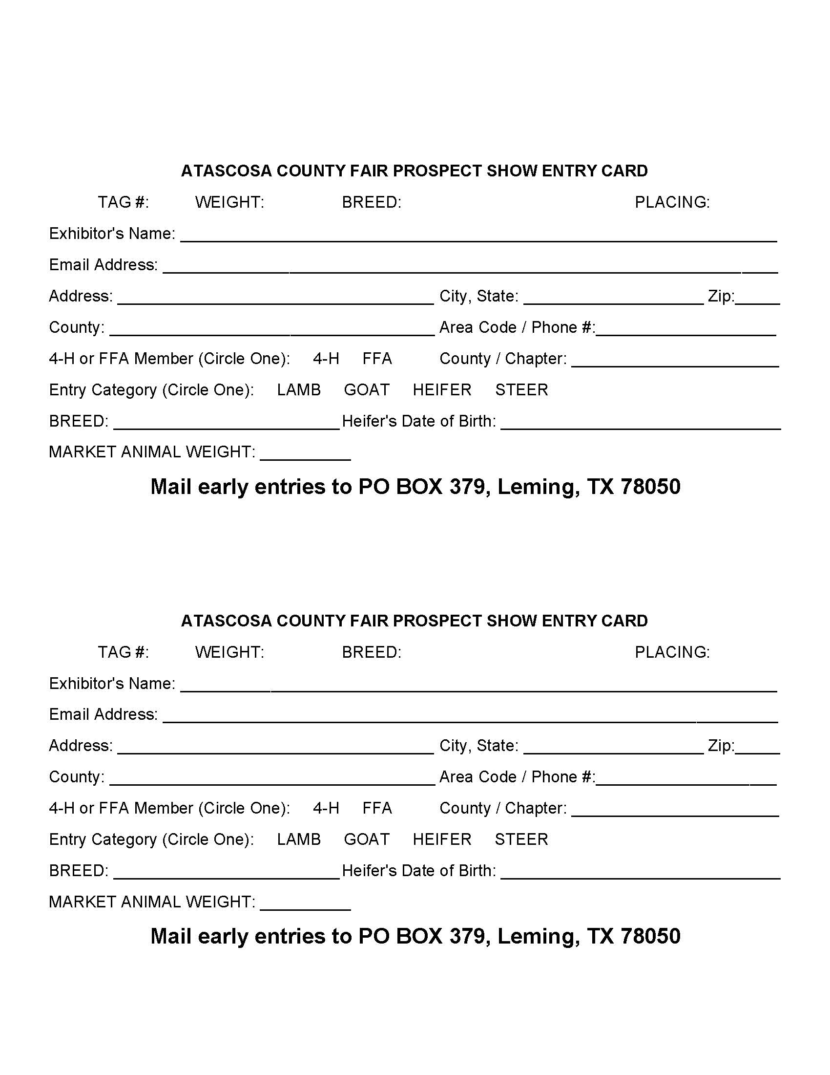 •	Atascosa County Fair Association, Sonny Domsch Memorial, Annual Prospect Lamb, Goat, Heifer and Steer Show – October 1, 2022 - Cowboy Fellowship Church Arena 561 FM 3350 Jourdanton, Texas 78026