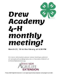 Drew Academy 4-H meeting March 21, 6:30 pm in the library