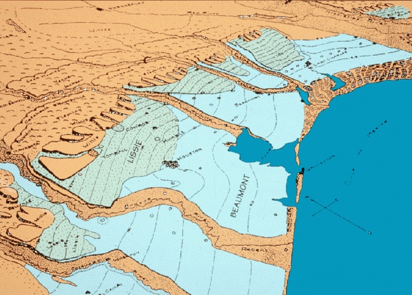 Lissie and Beaumont gelogical formantion shown in blue along the channels of Galveston Bay. Upland areas inland are in a beige brown color. Lissie formations are inland between the Beaumont and Upland areas. River channel are also in beige.