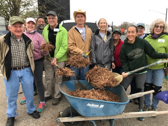 Travis County Master Gardeners spreading mulch in the Earth-Kind Demonstration Garden
