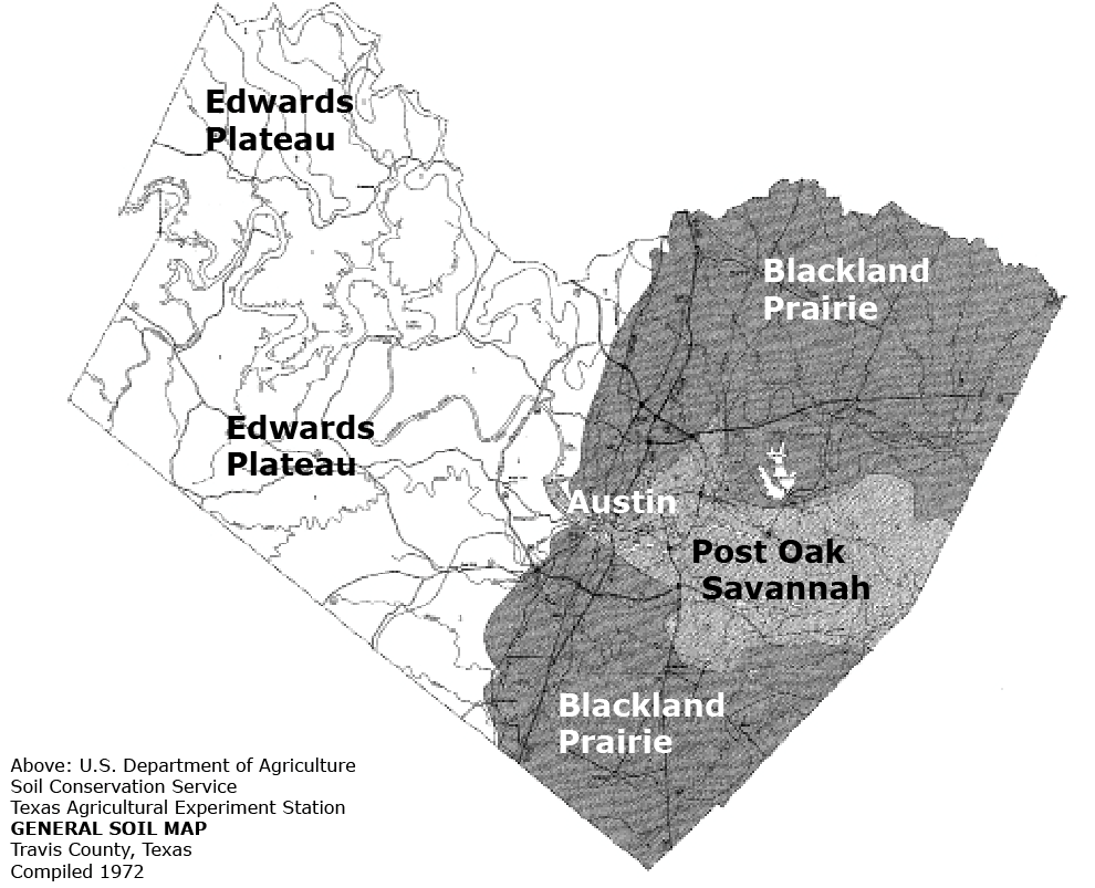 Travis County Soil Survey showing three ecoregions - Edwards Plateau, Blackland Prairies, Post Oak Savannah