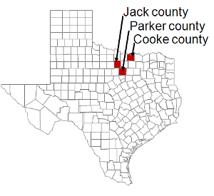 Texas map with Jack, Parker, and Cooke counties designated