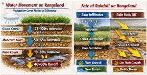 Diagram illustrating how vegetation cover on rangeland affects water movement, showing infiltration rates and runoff under good, moderate, and poor cover, and the subsequent impact on soil moisture, plant growth, and stream clarity.