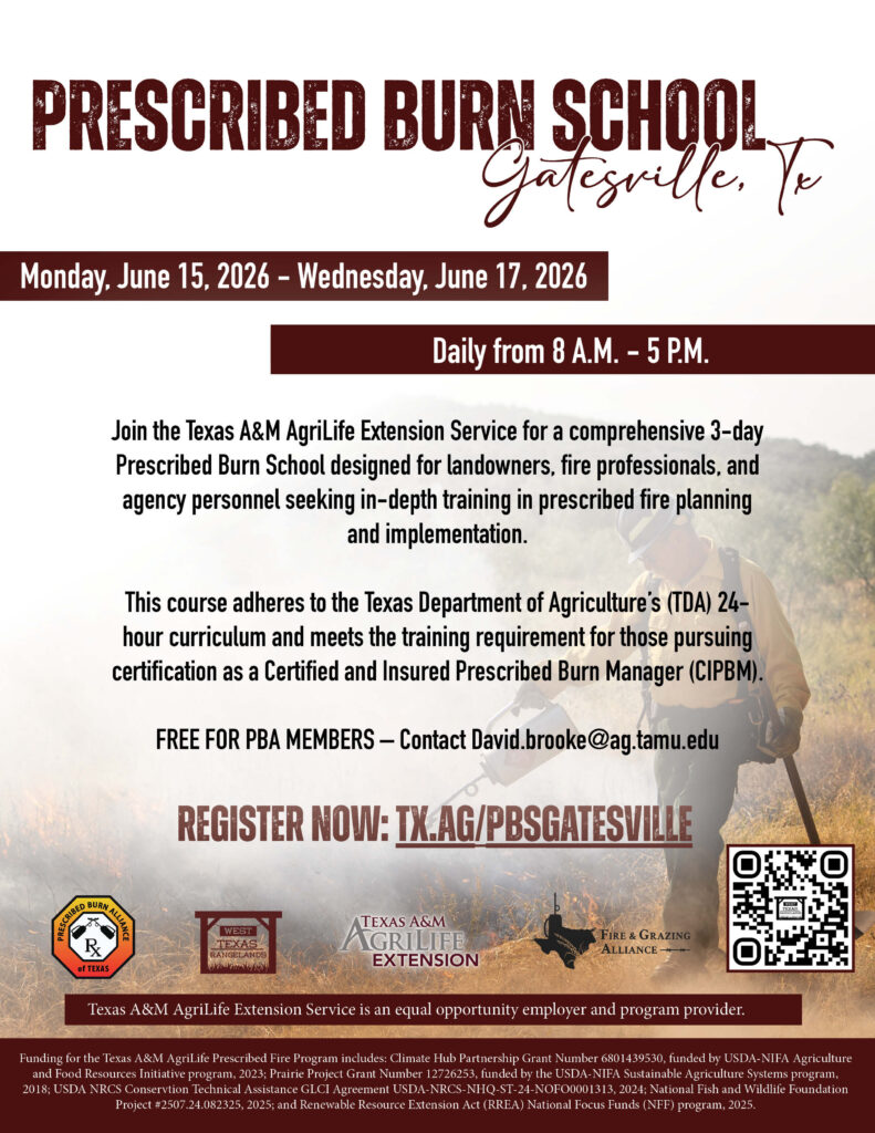 Prescribed Burn School in Gatesville, Texas, June 15-17, 2026, daily from 8 AM to 5 PM. Hosted by Texas A&M AgriLife Extension, this 3-day course provides in-depth training for landowners, fire professionals, and agency personnel seeking certification as a Certified and Insured Prescribed Burn Manager. Registration is open at TX.AG/PBSGATESVILLE